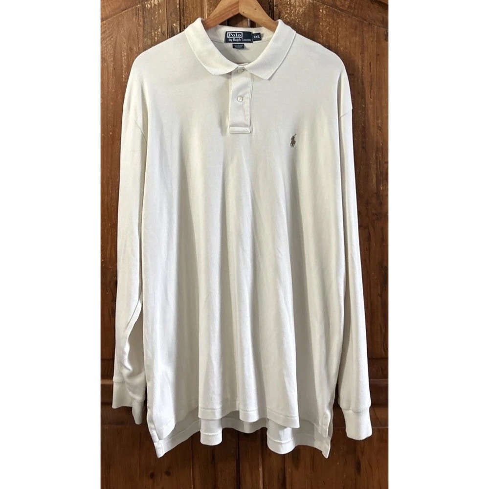 Mens Vintage Polo Ralph Lauren Long Sleeve Polo Shirt Cream Sz XXL 2XL